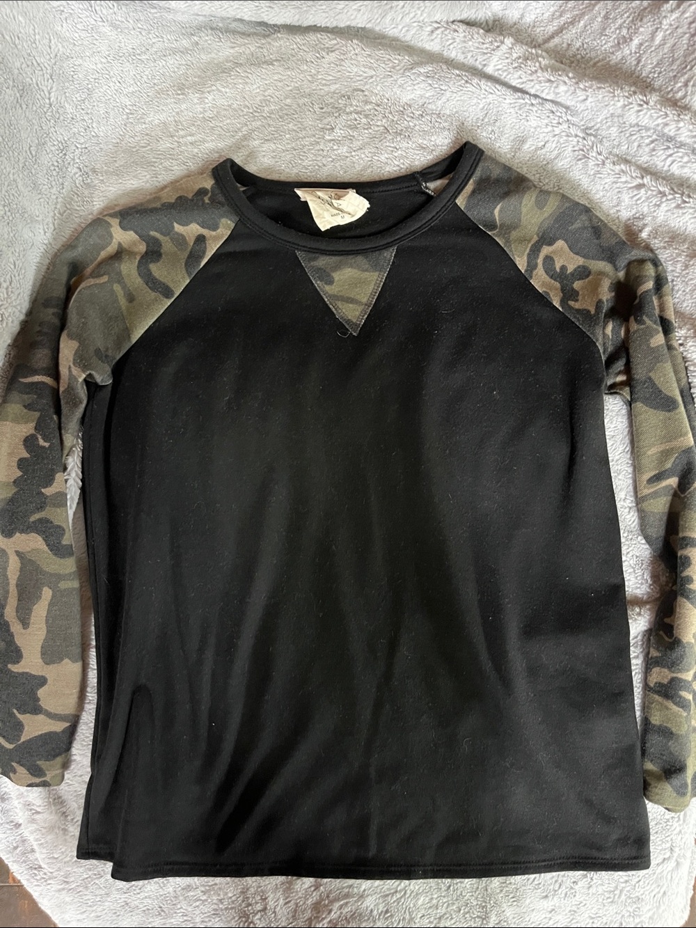 Fantastic Fawn Black Tee with Camo V-Inset and sleeves